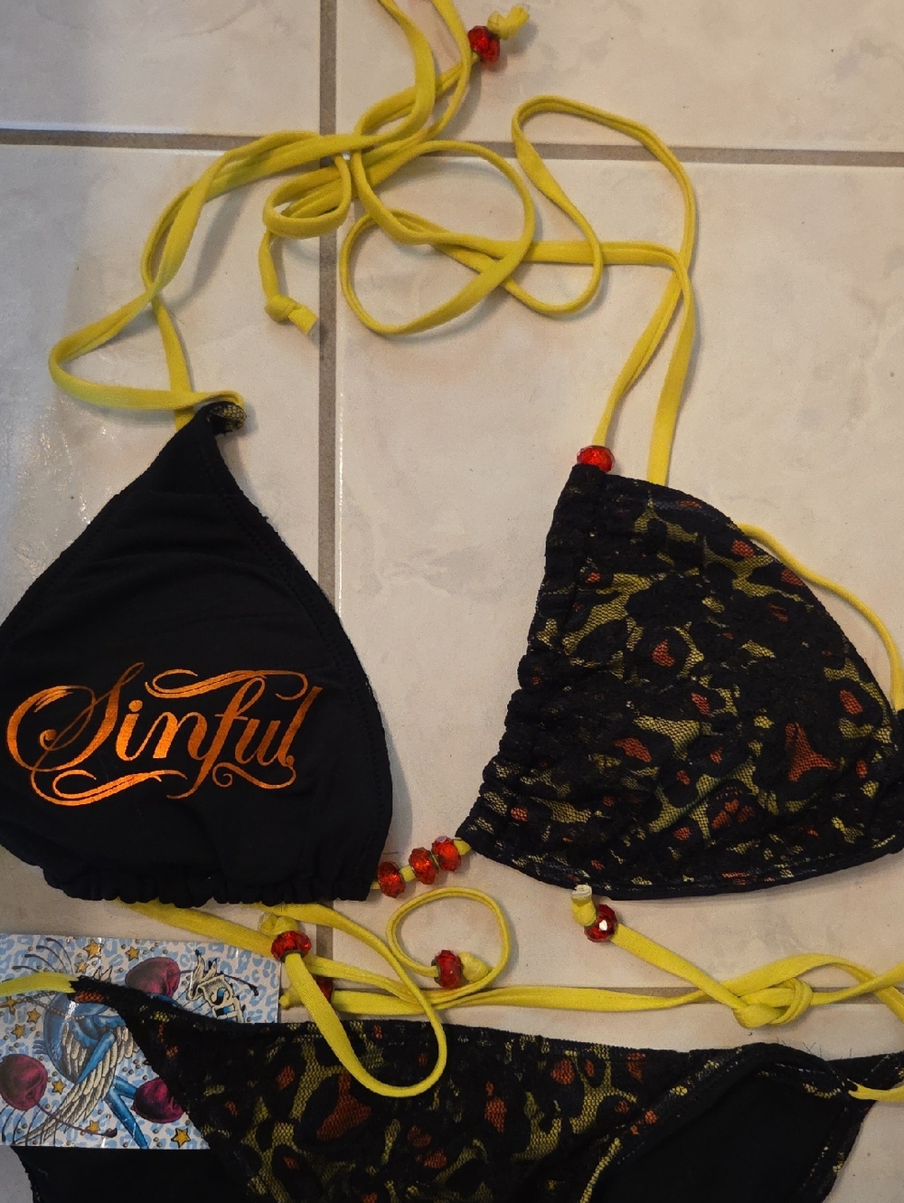 Sinful Affliction Black Lace Bikini Yellow Ties and Multicolor Accent - Picture 3 of 9